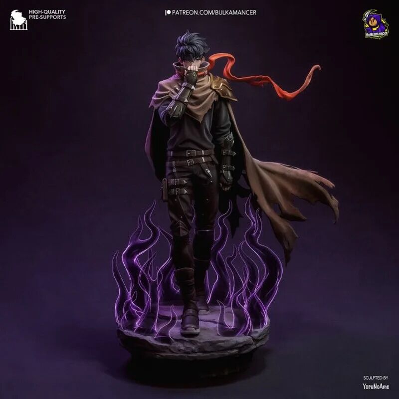 Figurine non peinte de Sung Jinwoo de Solo Leveling – version 15 cm avec manteau et flammes d’ombres en résine