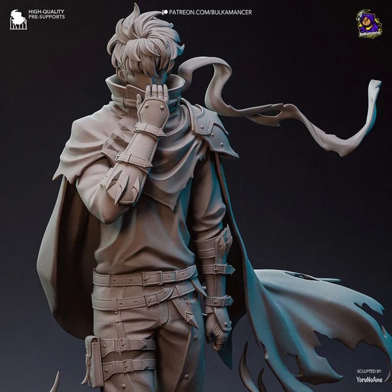Figurine non peinte de Sung Jinwoo de Solo Leveling – version 15 cm avec manteau et flammes d’ombres en résine