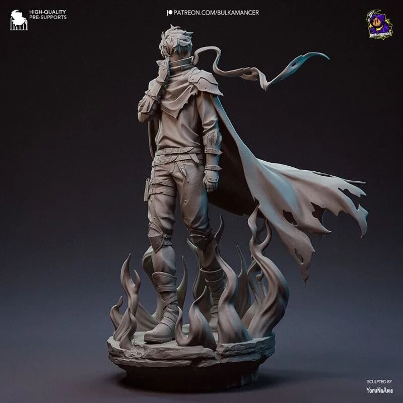 Figurine non peinte de Sung Jinwoo de Solo Leveling – version 15 cm avec manteau et flammes d’ombres en résine
