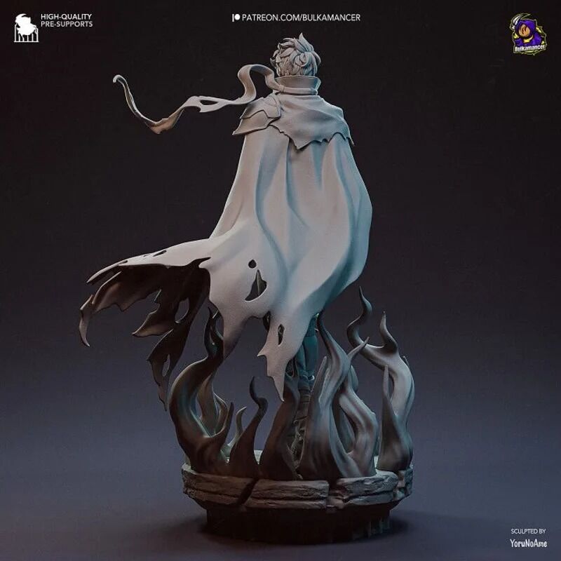 Figurine non peinte de Sung Jinwoo de Solo Leveling – version 15 cm avec manteau et flammes d’ombres en résine