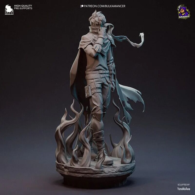 Figurine non peinte de Sung Jinwoo de Solo Leveling – version 15 cm avec manteau et flammes d’ombres en résine