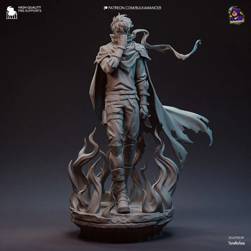 Figurine non peinte de Sung Jinwoo de Solo Leveling – version 15 cm avec manteau et flammes d’ombres en résine