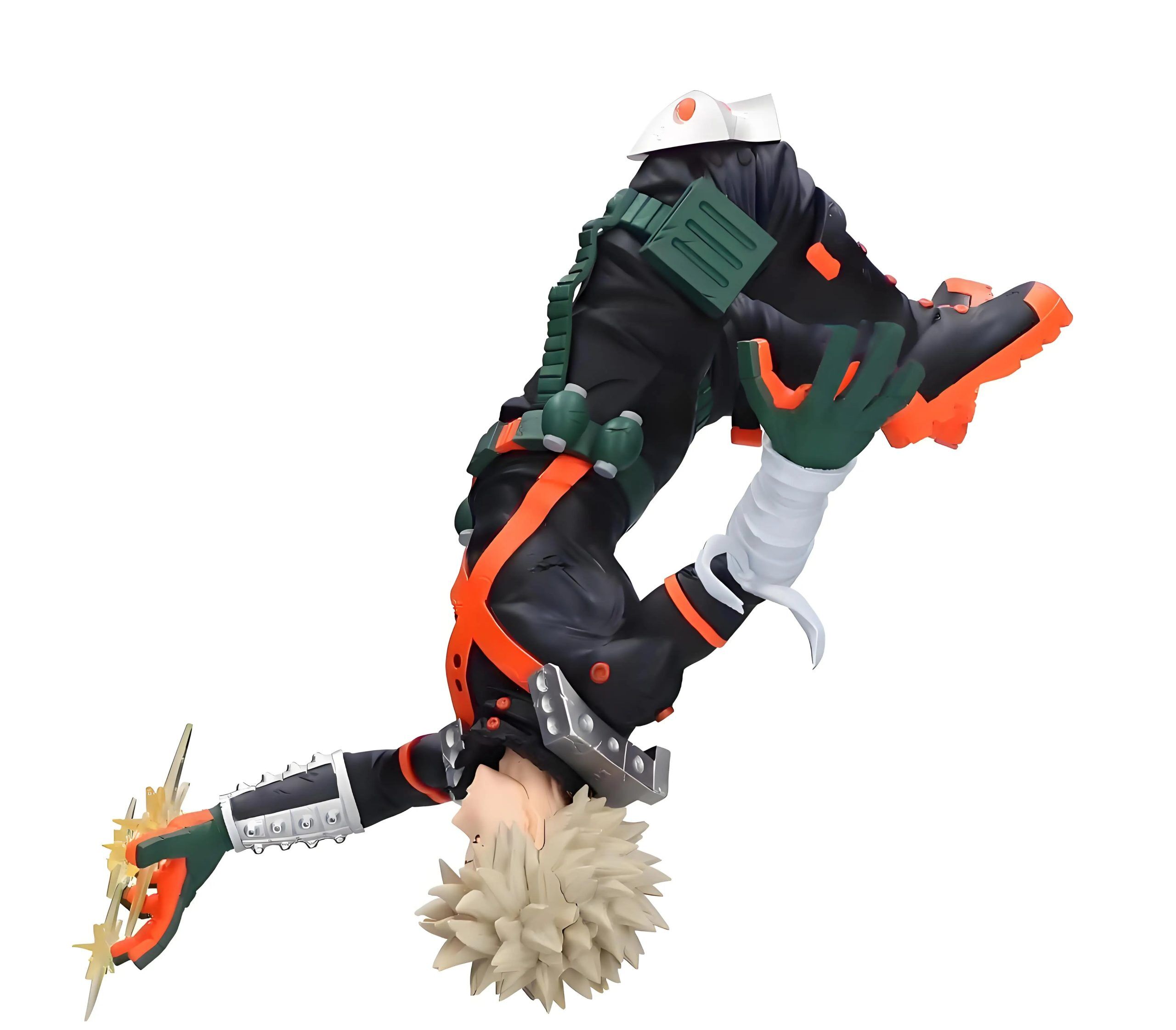 Figurine de Bakugou Katsuki en pose aérienne inversée avec effets d'explosion – My Hero Academia.