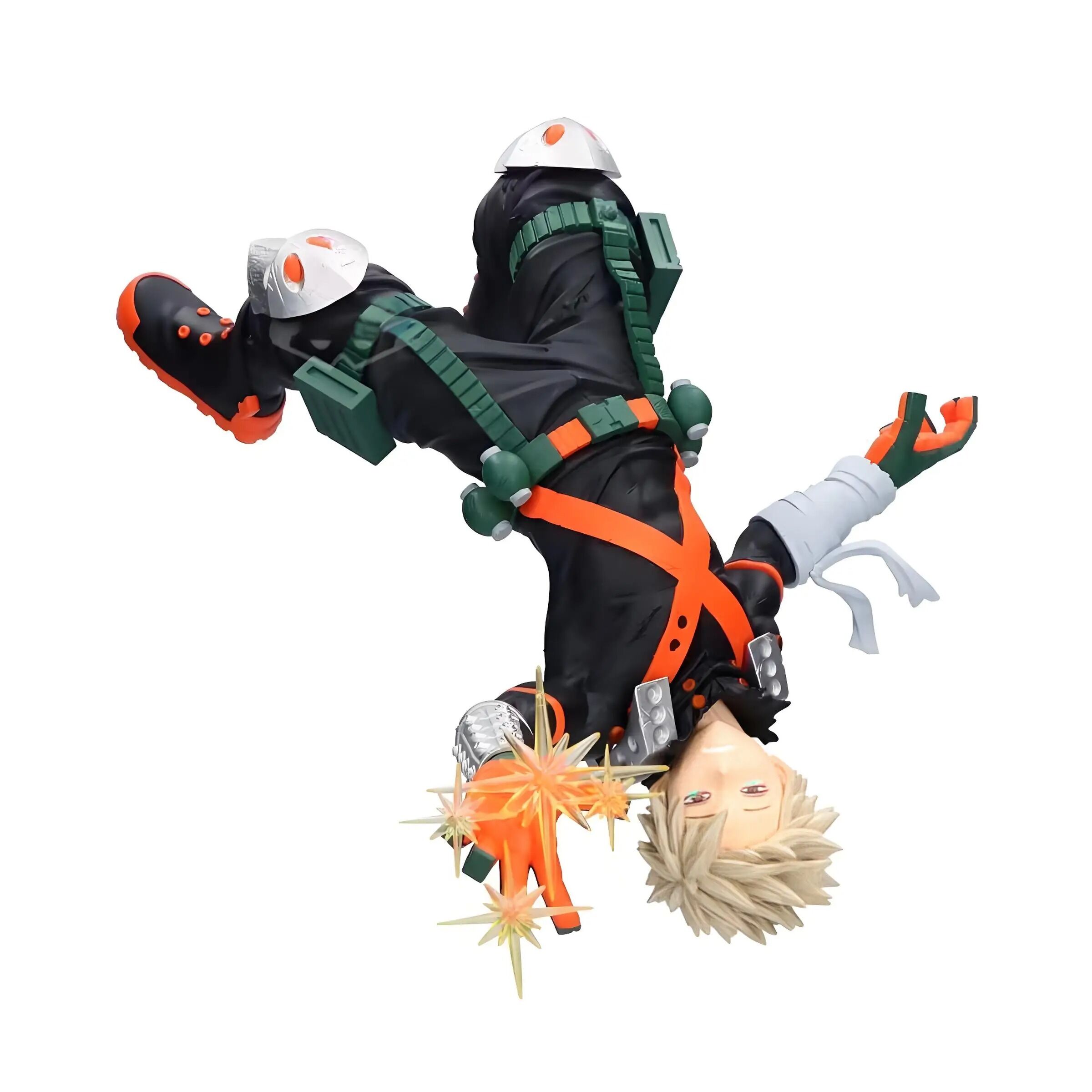Figurine de Bakugou Katsuki en pose aérienne inversée avec effets d'explosion – My Hero Academia.