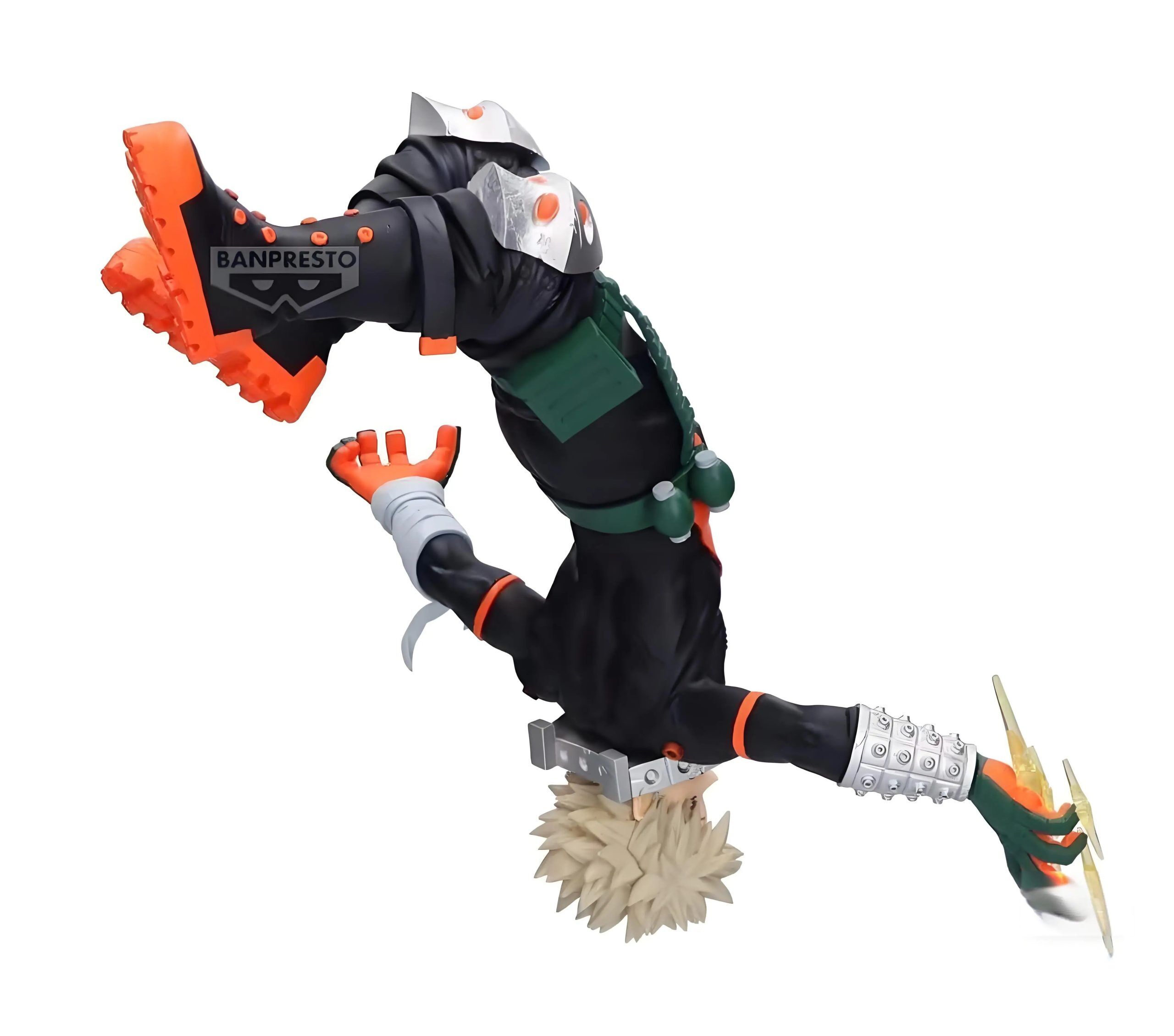 Figurine de Bakugou Katsuki en pose aérienne inversée avec effets d'explosion – My Hero Academia.