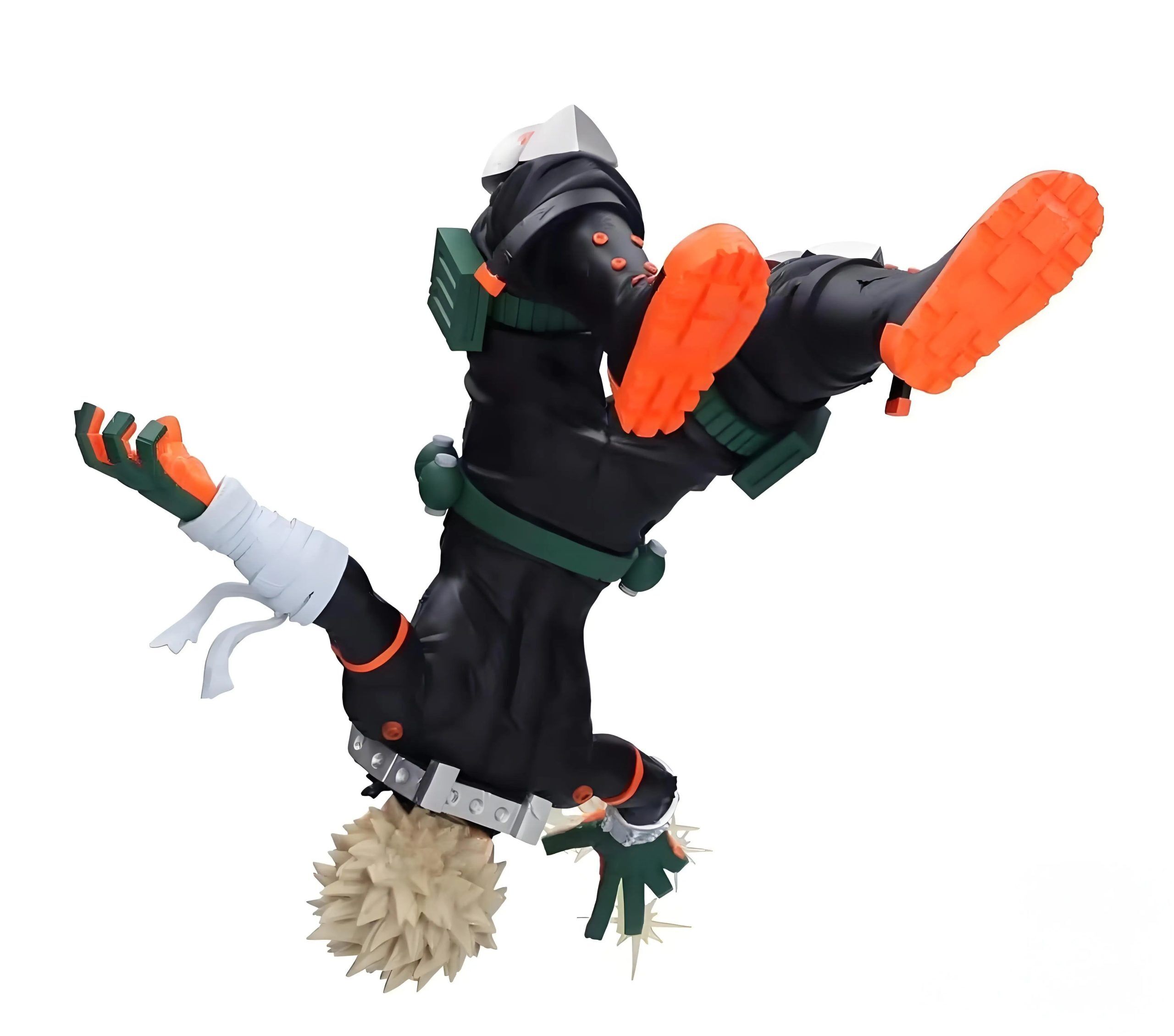Figurine de Bakugou Katsuki en pose aérienne inversée avec effets d'explosion – My Hero Academia.